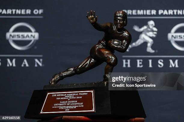 Heisman Trophy winner University of Louisville quarterback Lamar Jackson Heisman Trophy on display winning the 81st Annual Heisman Trophy press...