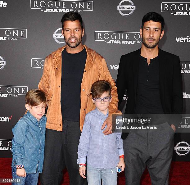 Recording artist Ricky Martin , artist Jwan Yosef , and sons Matteo Martin and Valentino Martin attend the premiere of "Rogue One: A Star Wars Story"...
