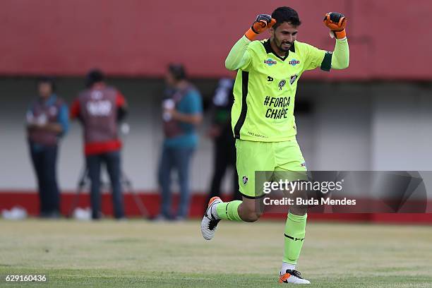 Goalkeeper Marcos Felipe of Fluminense celebrates a scored goal during a match between Fluminense and Internacional as part of Brasileirao Series A...