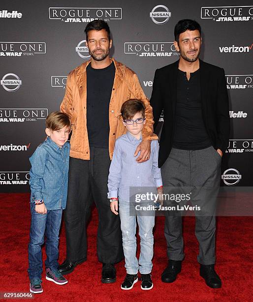 Recording artist Ricky Martin , artist Jwan Yosef , and sons Matteo Martin and Valentino Martin attend the premiere of "Rogue One: A Star Wars Story"...