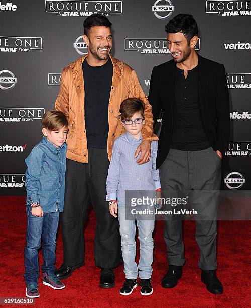 Recording artist Ricky Martin , artist Jwan Yosef , and sons Matteo Martin and Valentino Martin attend the premiere of "Rogue One: A Star Wars Story"...