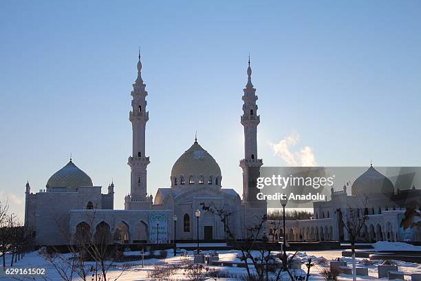 Muslims pray at the White Mosque during the celebrations for Mawlid al-Nabi, birth anniversary of Muslims' beloved Prophet Mohammad in Bolgar city of...