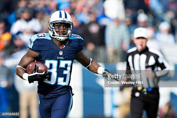 Harry Douglas of the Tennessee Titans runs the ball during a game against the Denver Broncos at Nissan Stadium on December 11, 2016 in Nashville,...