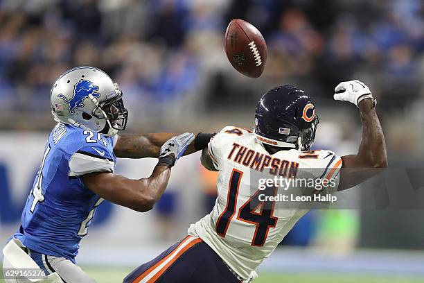 Nevin Lawson of the Detroit Lions breaks up a pass intended for Deonte Thompson of the Chicago Bears during fourth quarter action at Ford Field on...