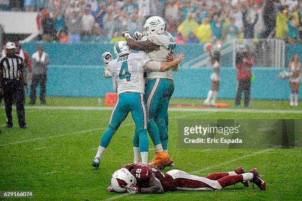 Andrew Franks of the Miami Dolphins celebrates with teammates Matt Darr and Ja'Wuan James after kicking the game winning field goal against the...