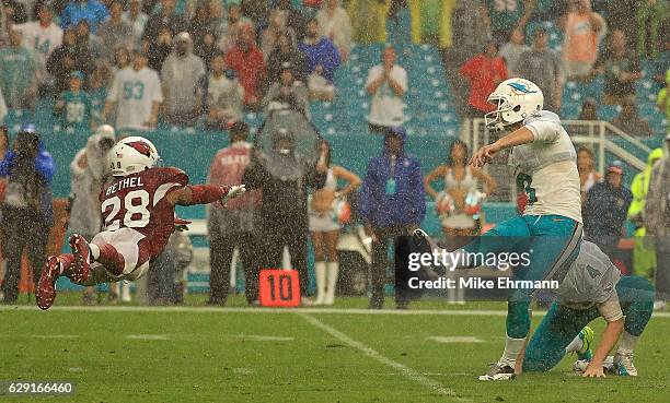 Andrew Franks of the Miami Dolphins kicks a game winning field goal during a game against the Arizona Cardinals at Hard Rock Stadium on December 11,...