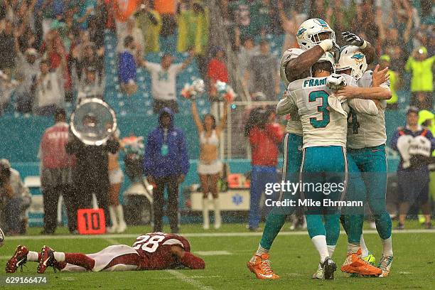 Andrew Franks of the Miami Dolphins celebrates a game winning field goal during a game against the Arizona Cardinals at Hard Rock Stadium on December...