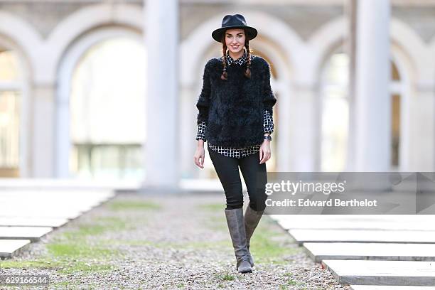 Ophelie Duvillad, fashion and life style blogger @opheduvillard, is wearing a Stetson hat, a Geisha fluffy pull over, an Akoz shirt, Replay jeans, a...