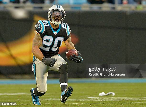 Kurt Coleman of the Carolina Panthers reacts after making a fourth quarter interception against the San Diego Chargers during the game at Bank of...