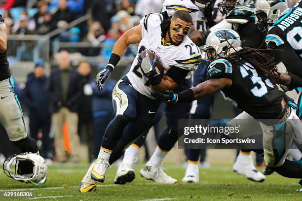 San Diego Chargers running back Kenneth Farrow runs after losing his helmet during the second half between the Carolina Panthers and the San Diego...