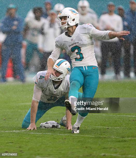 Miami Dolphins punter/kicker Andrew Franks kicks the winning field goal in the fourth quarter of an NFL football game against Arizona Cardinals at...