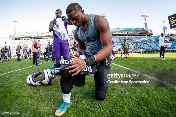 Jacksonville Jaguars Wide Receiver Allen Robinson signs a jersey following the NFL game between the Minnesota Vikings and the Jacksonville Jaguars on...