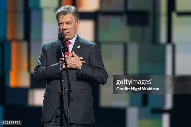 Nobel Peace Prize winner President Juan Manuel Santos of Colombia speaks to the audience during the Nobel Peace Prize Concert at Telenor Arena on...
