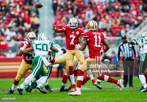 San Francisco 49ers wide receiver Quinton Patton looks for the ball from San Francisco 49ers quarterback Colin Kaepernick during the regular season...
