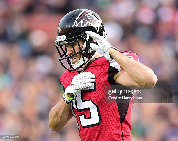 Nick Williams of the Atlanta Falcons reacts after a collision with Maurice Alexander of the Los Angeles Rams at Los Angeles Memorial Coliseum on...