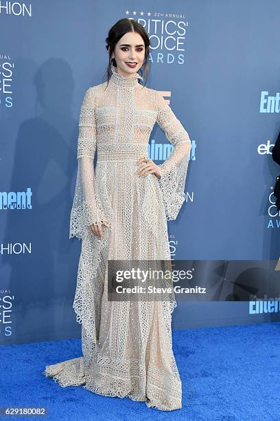 Actress Lily Collins attends The 22nd Annual Critics' Choice Awards at Barker Hangar on December 11, 2016 in Santa Monica, California.