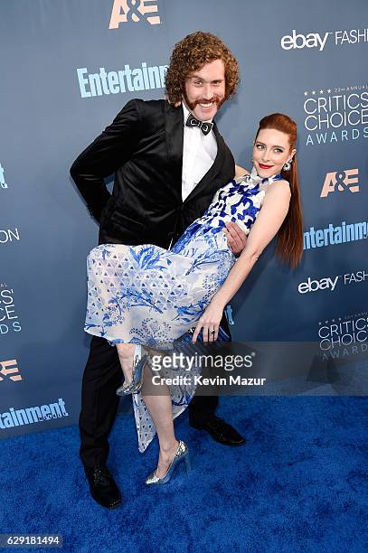 Host T. J. Miller and actress Kate Gorney attend The 22nd Annual Critics' Choice Awards at Barker Hangar on December 11, 2016 in Santa Monica,...