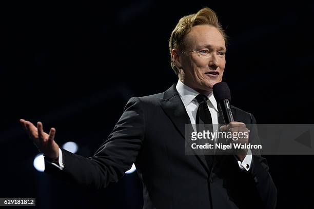 Conan O'Brien speaks to the audience and celebrate this yearâs Nobel Peace Prize laureate President Juan Manuel Santos of Colombia, during the Nobel...