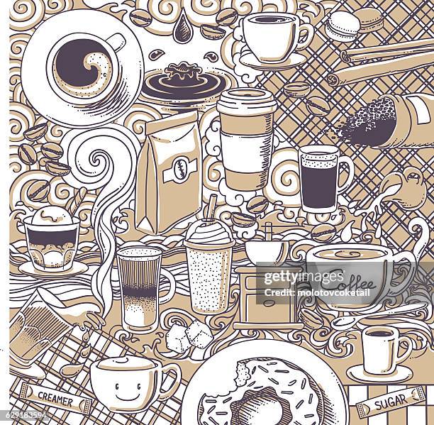 kaffee-doodle-hintergrund - duftend stock-grafiken, -clipart, -cartoons und -symbole