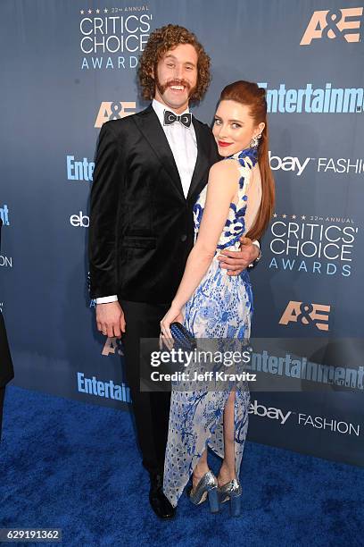 Host T. J. Miller and actress Kate Gorney attend The 22nd Annual Critics' Choice Awards at Barker Hangar on December 11, 2016 in Santa Monica,...