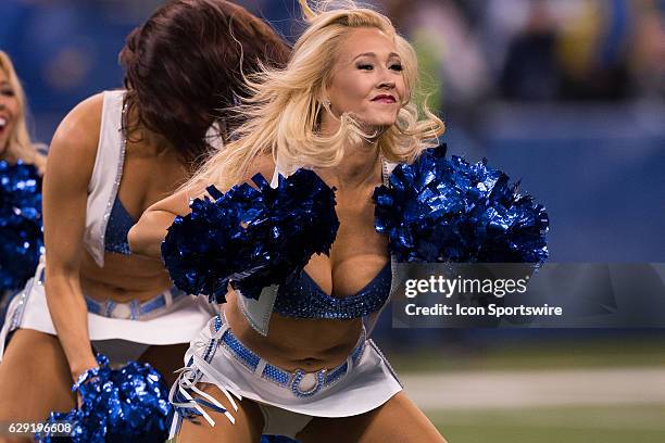 Indianapolis Colts cheerleaders performs during the NFL game between the Houston Texans and Indianapolis Colts on December 11 at Lucas Oil Stadium in...