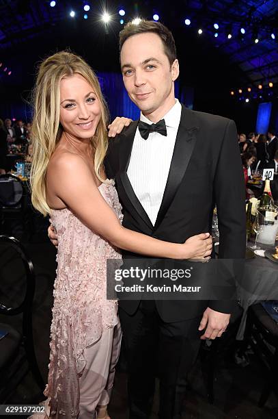 Actors Kaley Cuoco and Jim Parsons attend The 22nd Annual Critics' Choice Awards at Barker Hangar on December 11, 2016 in Santa Monica, California.