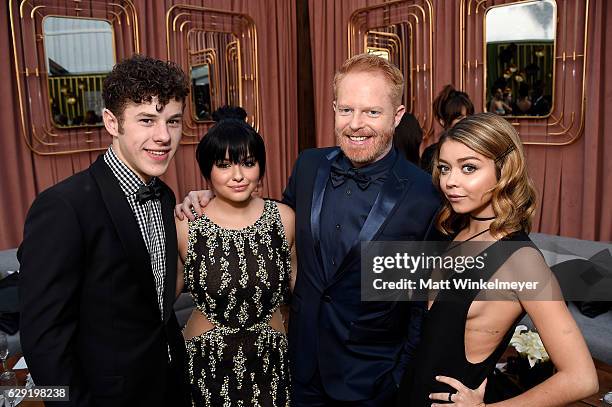 Actors Nolan Gould, Ariel Winter, Jesse Tyler Ferguson, and Sarah Hyland attend The 22nd Annual Critics' Choice Awards at Barker Hangar on December...