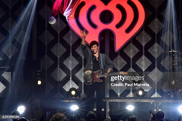 Musician Shawn Mendes performs onstage during KISS 108's Jingle Ball 2016 at TD Garden on December 11, 2016 in Boston, Massachusetts.