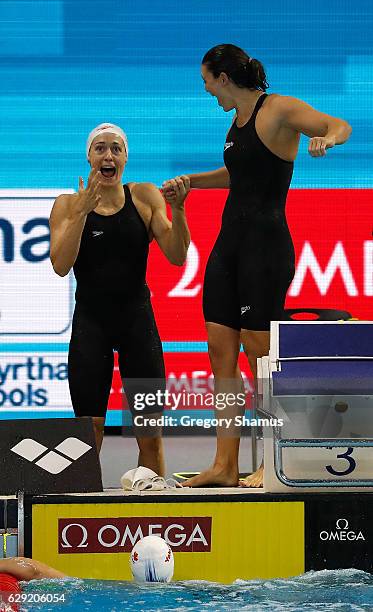 Sandrine Mainville and Michelle Williams of Team Canada celebrate their victory in the 4x50m Freestyle Relay on day six of the 13th FINA World...