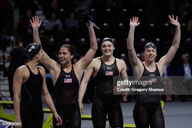Team United States Alexandra DeLoof, Mallory Comerford, Kelsi Worrell and Lily King celebrate their victory in the 4x100m Medley final on day six of...