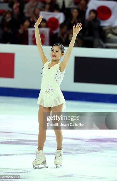 Silver medalist Satoko Miyahara of Japan celebrates during Senior Ladies medal ceremony on day three of the ISU Grand Prix of Figure Skating 2016 at...