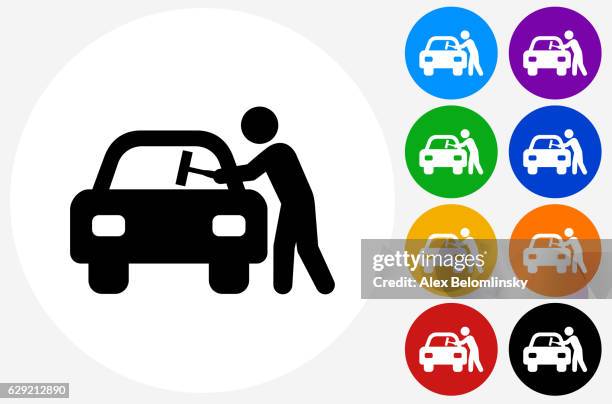 car window cleaning icon on flat color circle buttons - cleaning car window stock illustrations