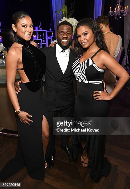 Eniko Parrish, actor Kevin Hart and actress Nia Long attend The 22nd Annual Critics' Choice Awards at Barker Hangar on December 11, 2016 in Santa...