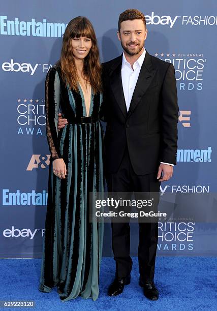 Actress Jessica Biel and Justin Timberlake arrive at The 22nd Annual Critics' Choice Awards at Barker Hangar on December 11, 2016 in Santa Monica,...