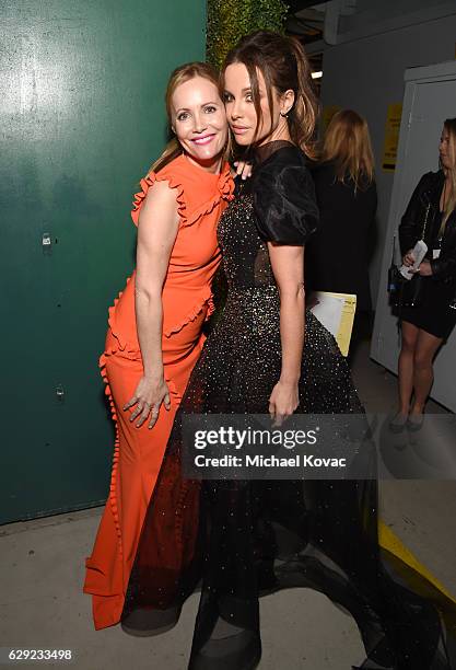 Actresses Leslie Mann and Kate Beckinsale attend The 22nd Annual Critics' Choice Awards at Barker Hangar on December 11, 2016 in Santa Monica,...