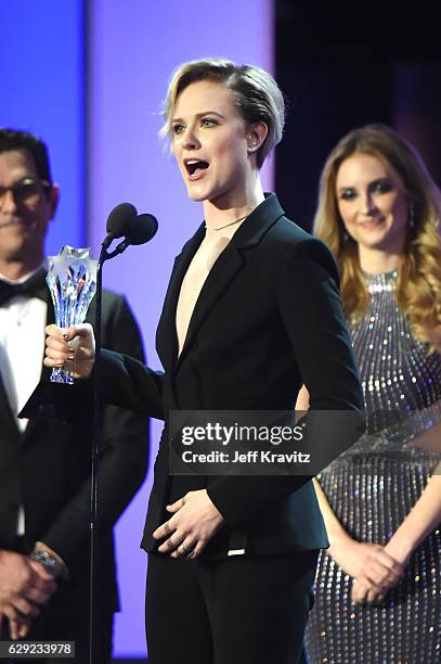 Actress Evan Rachel Wood accepts the award for Best Actress in a Drama onstage during The 22nd Annual Critics' Choice Awards at Barker Hangar on...