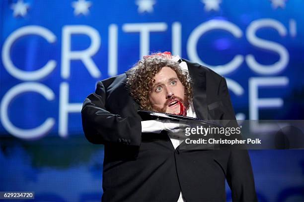Host T.J. Miller speaks onstage during The 22nd Annual Critics' Choice Awards at Barker Hangar on December 11, 2016 in Santa Monica, California.