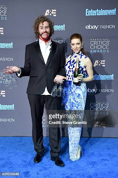 Actors Kate Gorney and T.J. Miller pose in the press room during The 22nd Annual Critics' Choice Awards at Barker Hangar on December 11, 2016 in...