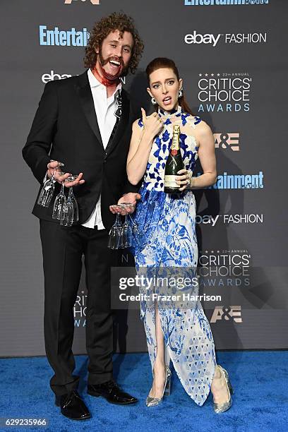 Host T.J. Miller and actress Kate Gorney pose in the press room during The 22nd Annual Critics' Choice Awards at Barker Hangar on December 11, 2016...