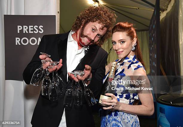 Host T.J. Miller and Kate Gorney pose in the press room at The 22nd Annual Critics' Choice Awards at Barker Hangar on December 11, 2016 in Santa...