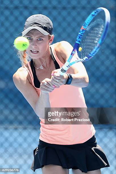 Kaylah McPhee of Australia plays a backhand during the Australian Open December Showdown at Melbourne Park on December 12, 2016 in Melbourne,...