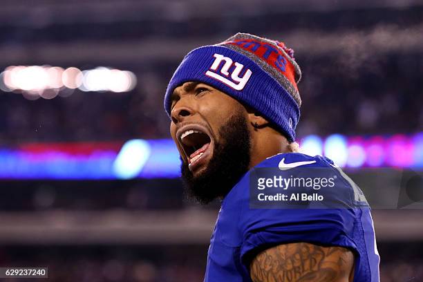 Odell Beckham Jr. #13 of the New York Giants shouts against the Dallas Cowboys during the fourth quarter of the game at MetLife Stadium on December...