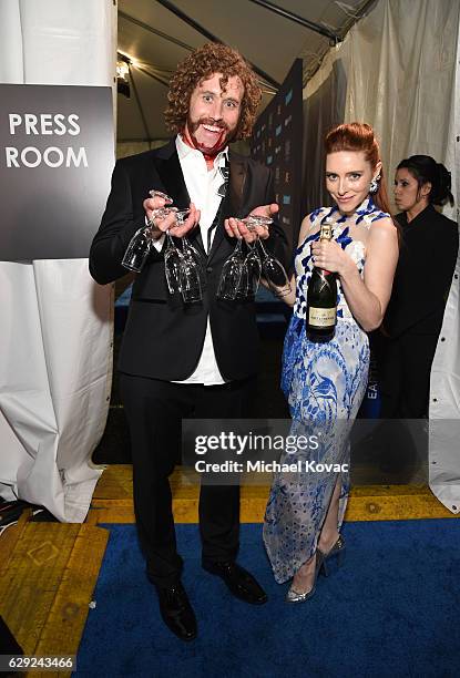 Host T.J. Miller and Kate Gorney pose in the press room at The 22nd Annual Critics' Choice Awards at Barker Hangar on December 11, 2016 in Santa...