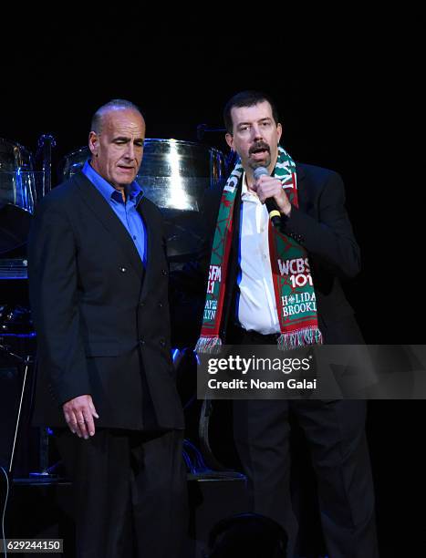 Personalities Joe Causi and Dave Stewart onstage at WCBS-FM 101.1's Holiday in Brooklyn concert at Barclays Center of Brooklyn on December 9, 2016 in...