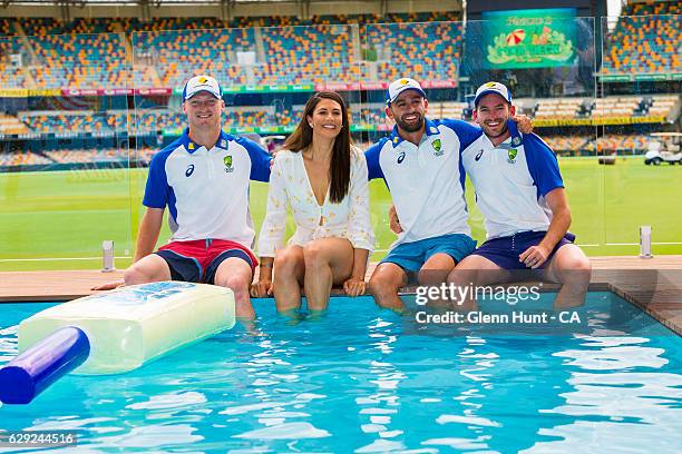 Australian cricketer Jackson Bird, former Olympic swimmer and Pool Deck ambassador Stephanie Rice and cricketers Nathan Lyon and Chadd Sayers pose...