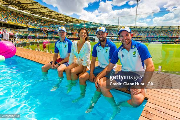 Australian cricketer Jackson Bird, former Olympic swimmer and Pool Deck ambassador Stephanie Rice and cricketers Nathan Lyon and Chadd Sayers pose...