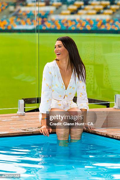 Former Olympic swimmer and Pool Deck ambassador Stephanie Rice poses for photos at the Pool Deck at the Gabba ground during the Commonwealth Bank...