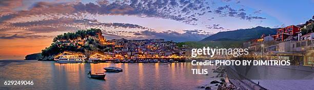 parga's panorama at twilight - dimitrios tilis stockfoto's en -beelden