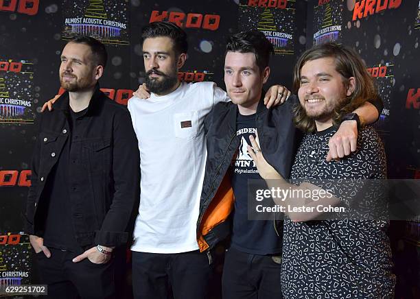 Will Farquarson, Kyle Simmons, Dan Smith and Chris Wood of the band Bastille attend 106.7 KROQ Almost Acoustic Christmas 2016 - Night 2 at The Forum...