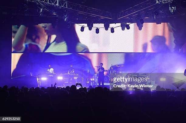 Kyle Simmons, Will Farquarson, Dan Smith and drummer Chris Wood of the band Bastille perform onstage at 106.7 KROQ Almost Acoustic Christmas 2016 -...
